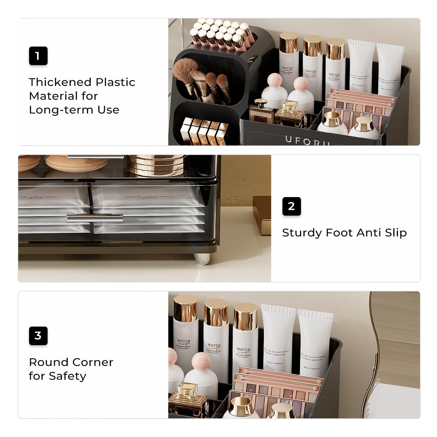 UFORU Makeup Organizer for Vanity with Brush Holder, Large Capacity Bathroom Countertop Skincare Organizer with 2 Drawers, Cosmetic Display Case for Perfumes, Eyeshadow Palettes, Nail Polishes
