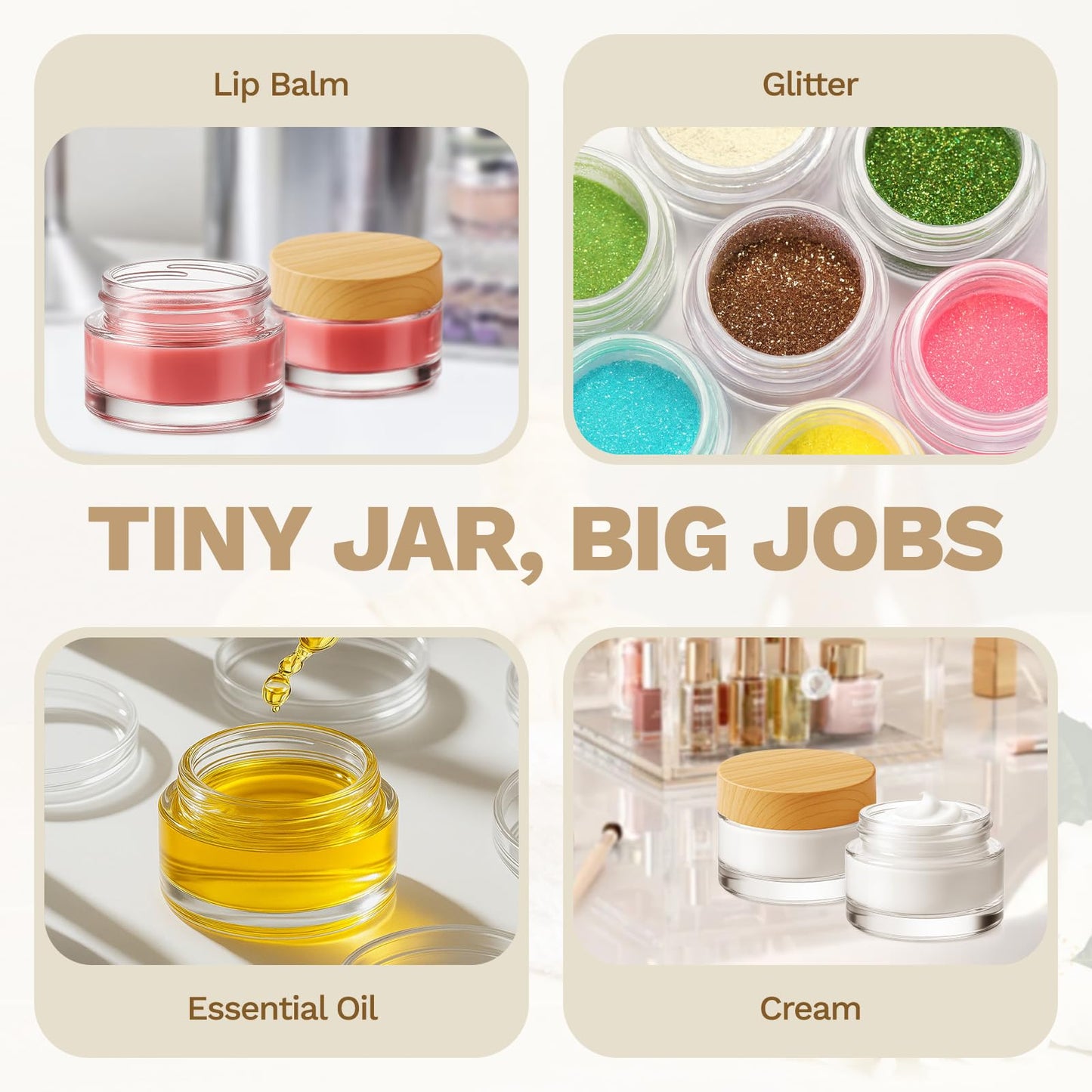 Bumobum 24 Pcs 5 Grams Glass Cosmetic Jars with Plastic Wood-Grain Lids, 5 ml Lip Balm Containers Empty Tiny Sample Jars for Lip Scrub Makeup Eye Cream Travel
