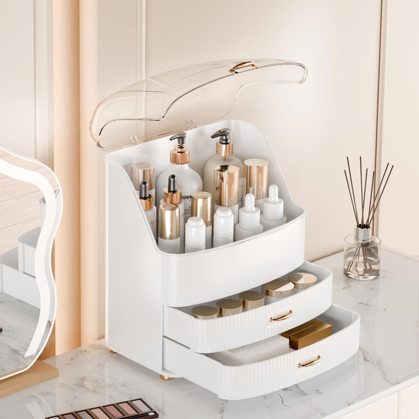 Plukers Makeup Organizer Countertop Vanity with Transparent Lid Drawers Waterproof Dustproof Cosmetic Skincare Bathroom Storage Gift for Women Teens Girls (White)