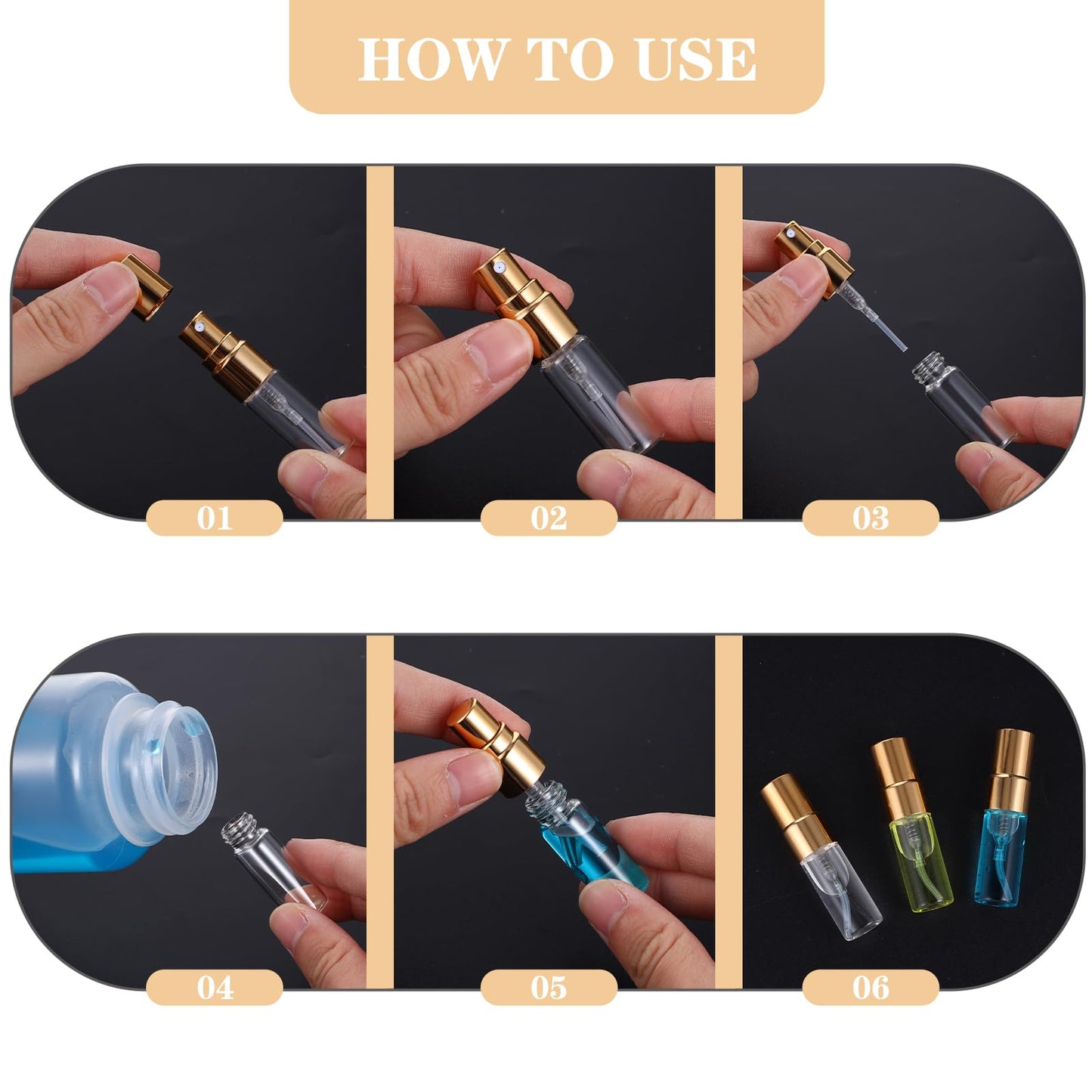 Dimeho 60 Pcs 3ml Fine Mist Atomizer Empty Glass Spray Bottle Refillable Perfume Travel Bottles Clear Portable Sample Containers with Gold Lids for Cleaning Essential Oils Makeup Liquid DIY Party