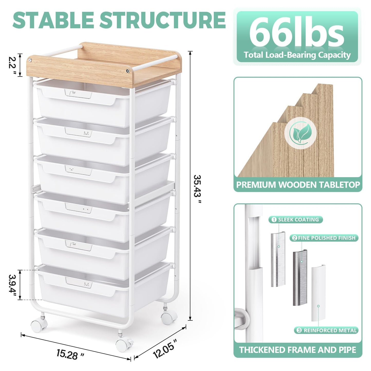 SYKIARIOL Rolling Cart with 6 Drawers,Utility Storage Cart with Drawers,Art Craft Organizers and Storage,Makeup Organizer with Wooden Tabletop,White