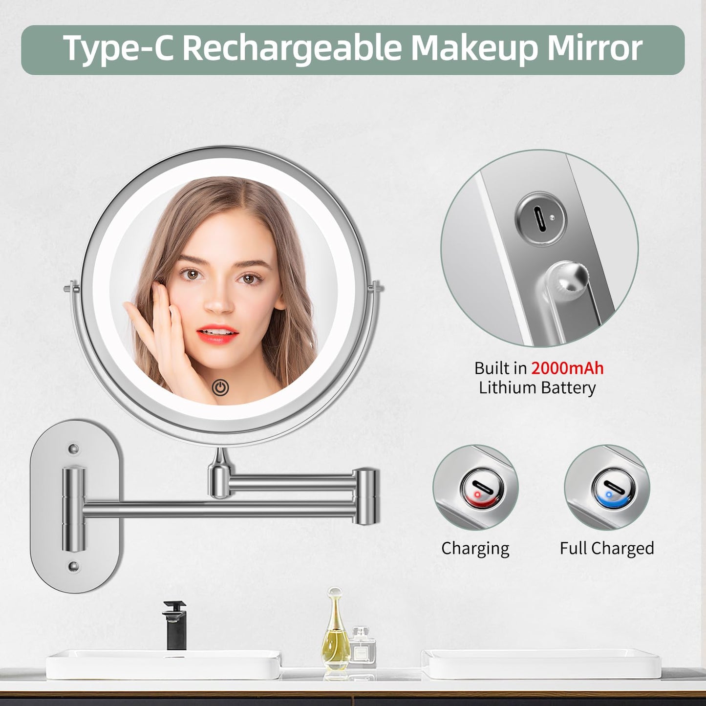 Rechargeable Wall Mounted Lighted Makeup Vanity Mirror 8 inch 1X/20X Magnifying Bathroom Mirror with 3 Color Lights, Double Sided with Dimmable LED Lights, Extended Arm 360° Swivel Extension Mirror