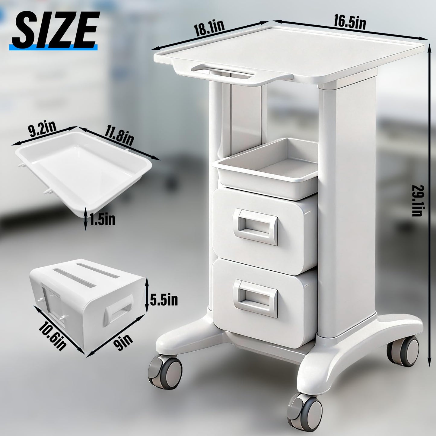 Medical Trolley Cart Mobile with Drawers, Hospital Ultrasound Cart with 4 Silent Swivel Wheels, Portable Medical Trolley Carts, 225 LBS Load, for Beauty, Salon, Clinic and Lab (White, Double Drawer)