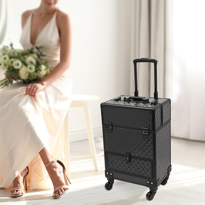 Rolling Makeup Train Case,Multi-functional Cosmetic Trolley with 360° Swivel Wheels Keys,Salon Barber Case Traveling Cart for Nail Technicians Hairstylist (Black)