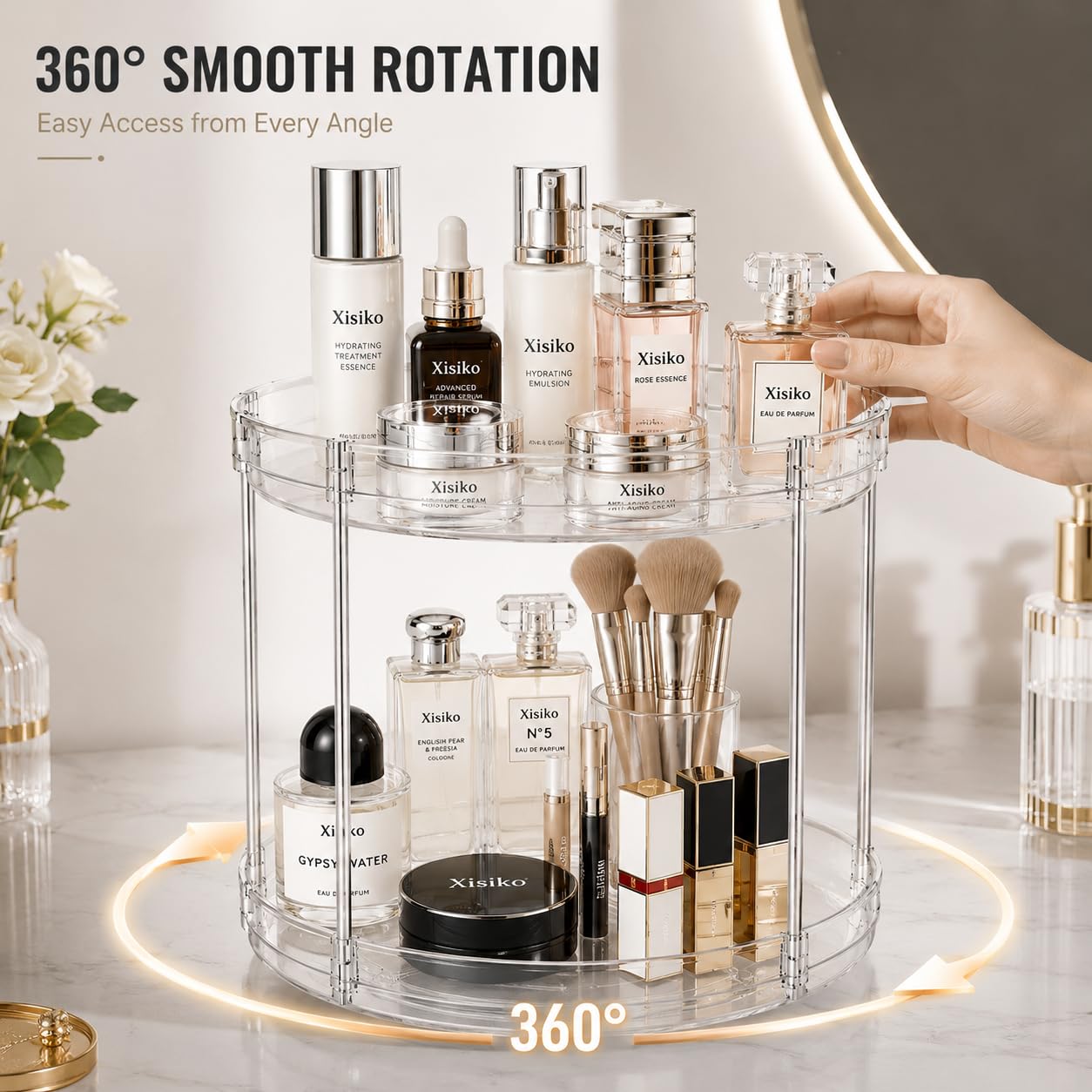 360° Rotating Bathroom Counter Organizer, 2 Tier Clear Makeup Organizer Vanity Storage for Skincare Perfume Cosmetics, Lazy Susan Spinning Storage for Bathroom Vanity Kitchen