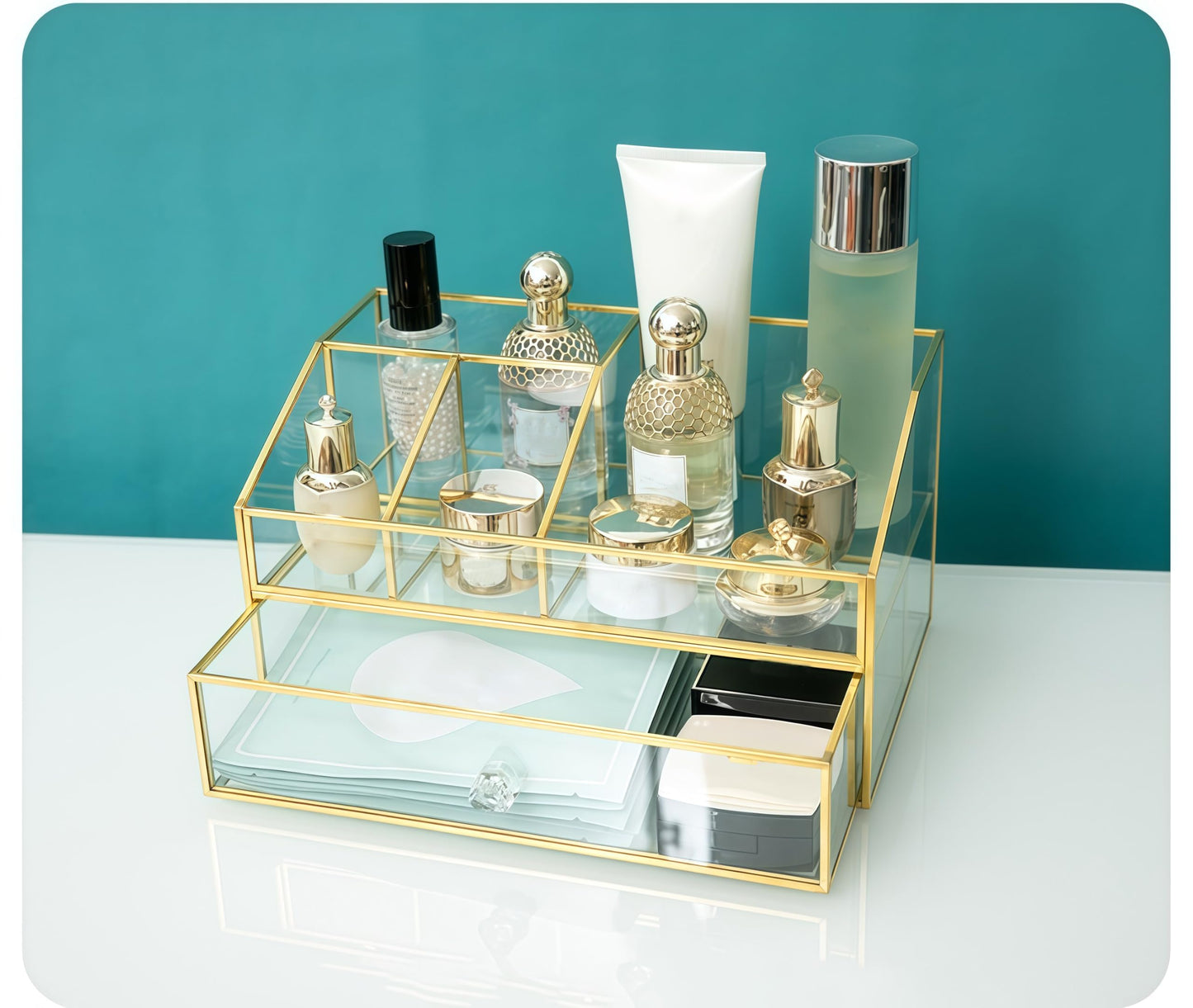 JIARI Glass Makeup Organizer with Drawer, Gold Brass Frame Jewelry Display Box, Nordic Style Cosmetic Storage for Vanity Bathroom Bedroom Office, 9.44x5.43x4.92 Inches (Storage Box-2 Tier)