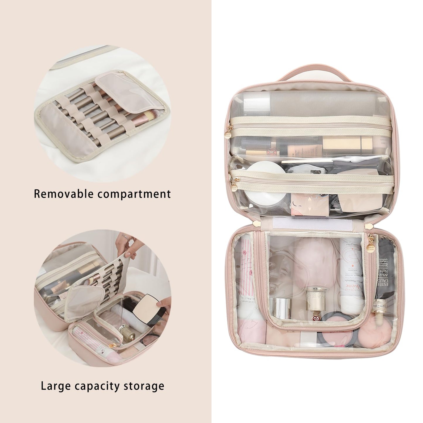 RIGHT AWAY Travel Toiletry Bag for Women,Large Makeup Bag& Cases,Waterproof Cosmetic Organizer Bag with Compartments,Portable Make Up Bag for Travel Size Toiletries,Skincare,Brushes Set,Pink