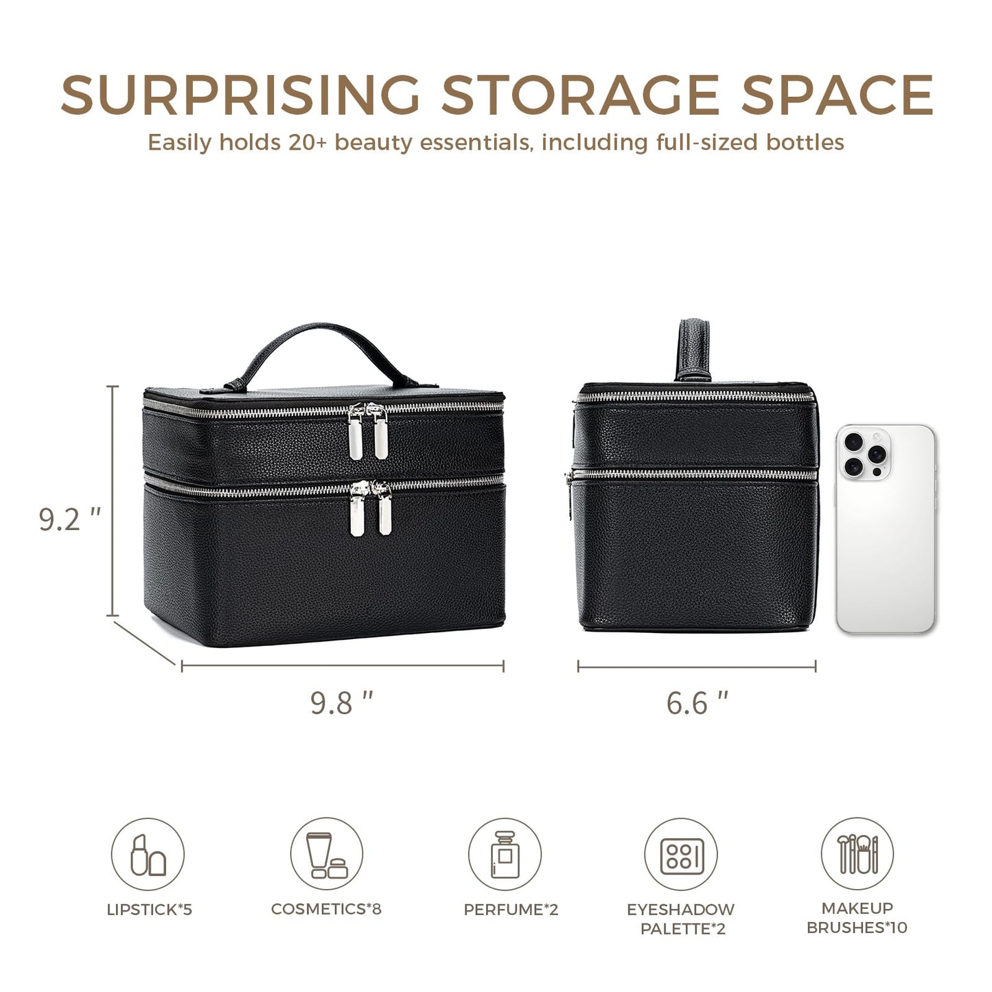 BAGOK Double Layer Makeup Vanity Case, Large Capacity Cosmetic Bag with Removable Divider & Brush Organizer, Travel Toiletry Bag for Women, Portable PU Leather Organizer with Handle