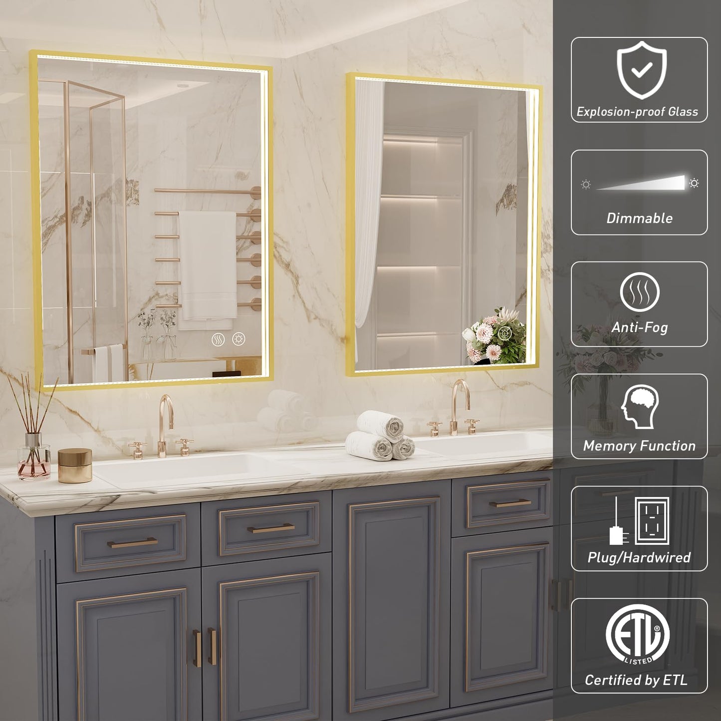 FTOTI 24x32 Inch LED Bathroom Mirror with Lights,Gold Frame