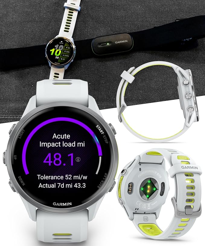 Wearable4U Garmin Forerunner 970 Titanium Smartwatch with Whitestone Case and Whitestone/Translucent Amp Yellow Band, AMOLED Display with Garmin HRM 600 M-L Power Bank Bundle