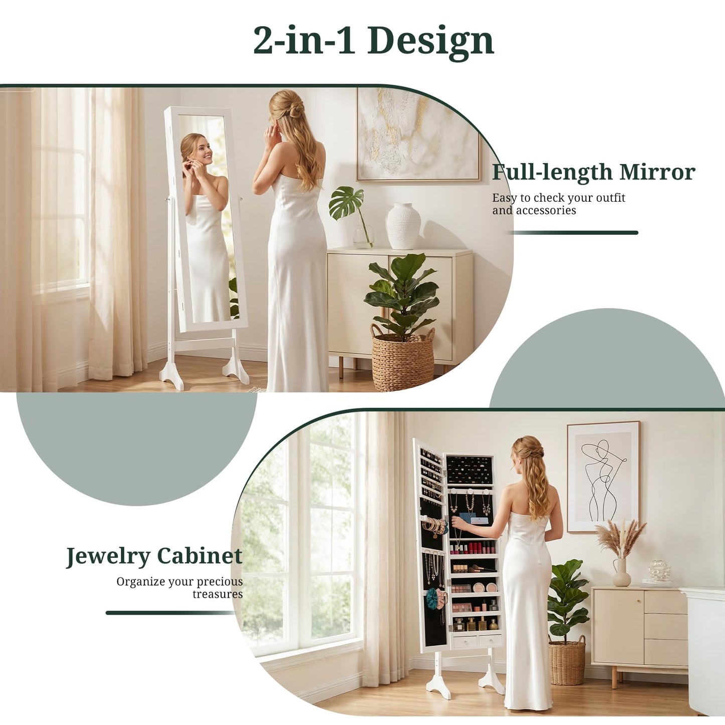 Freestanding Jewelry Armoire Cabinet, 47.3" Full Length Mirror Jewelry Organizer, Lockable Standing Jewelry Storage Cabinet with Velvet Lining, Makeup Organizer with Adjustable Angles (White)