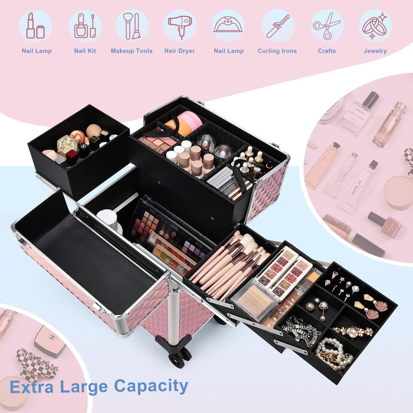 Stagiant Rolling Makeup Train Case Cosmetology Case on Wheels Travel Cosmetic Suitcase Trolley Makeup Luggage Storage Box 4 Tray with Lock Middle Layer Salon Nail Tech Cart Traveling Tattoo Case Pink