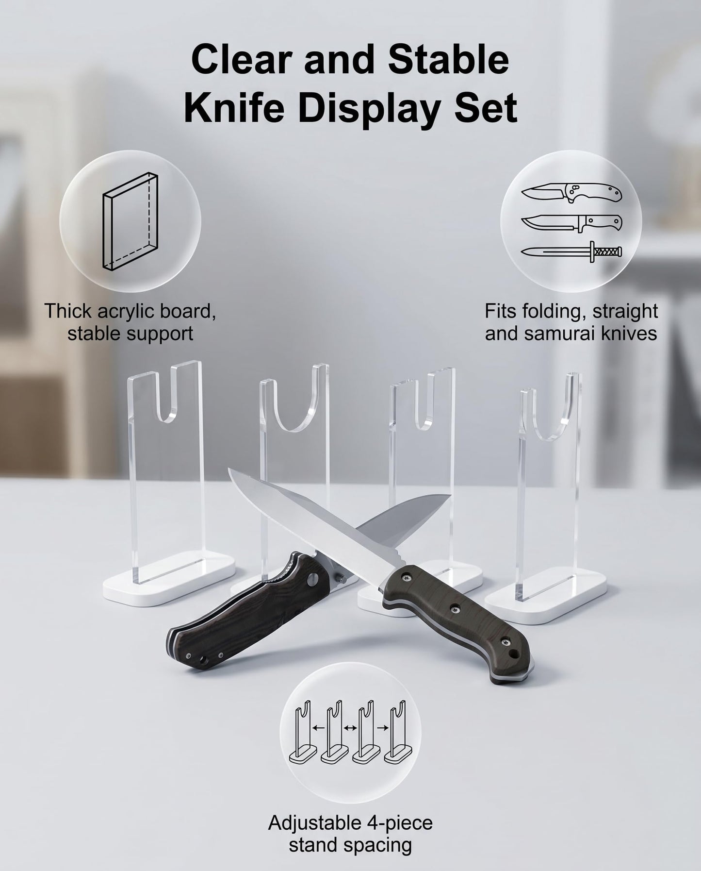 LITAITAI 4Pcs Knife Display Stand ,Acrylic Knife Holder Collector ,Knives Extendable blade holder, Single Knife Holder for Home Decor (White bottom)