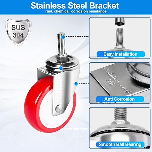 4 inch Stainless Steel Caster Wheels Heavy Duty, 3/8"-16x1 Threaded Stem Casters Set of 4, Rust Resistant, Non-Marking Polyurethane PU Wheels for Hospital, Lab, Furniture, Restaurant