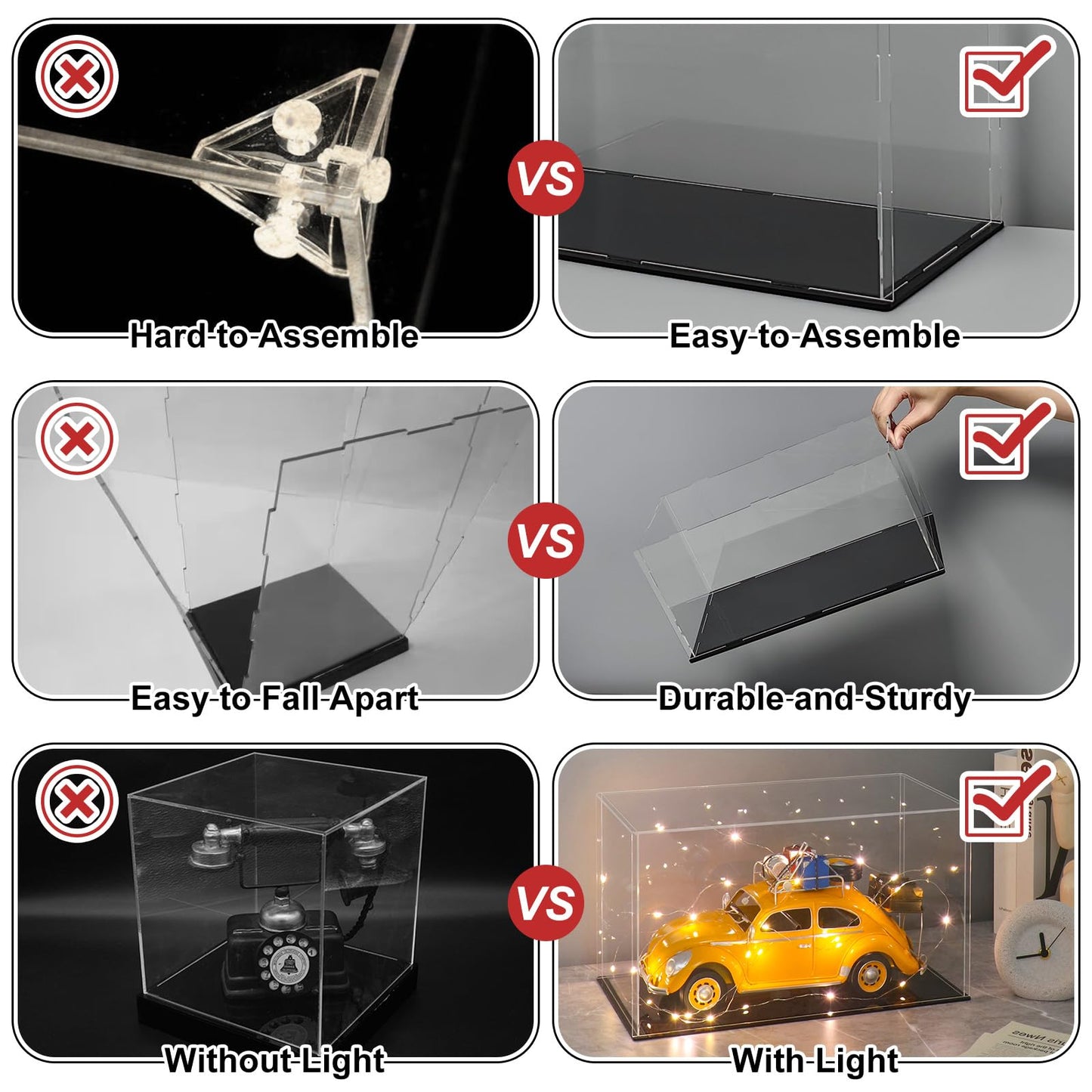 LANSCOERY Acrylic Display Case, 11x5.5x5.5 in, Upgraded Thickened UV-Resistant Showcase, 98% Clarity Dustproof Box with Glossy Black Base for Action Figures, LEGO & Models, Scraper & LED Light