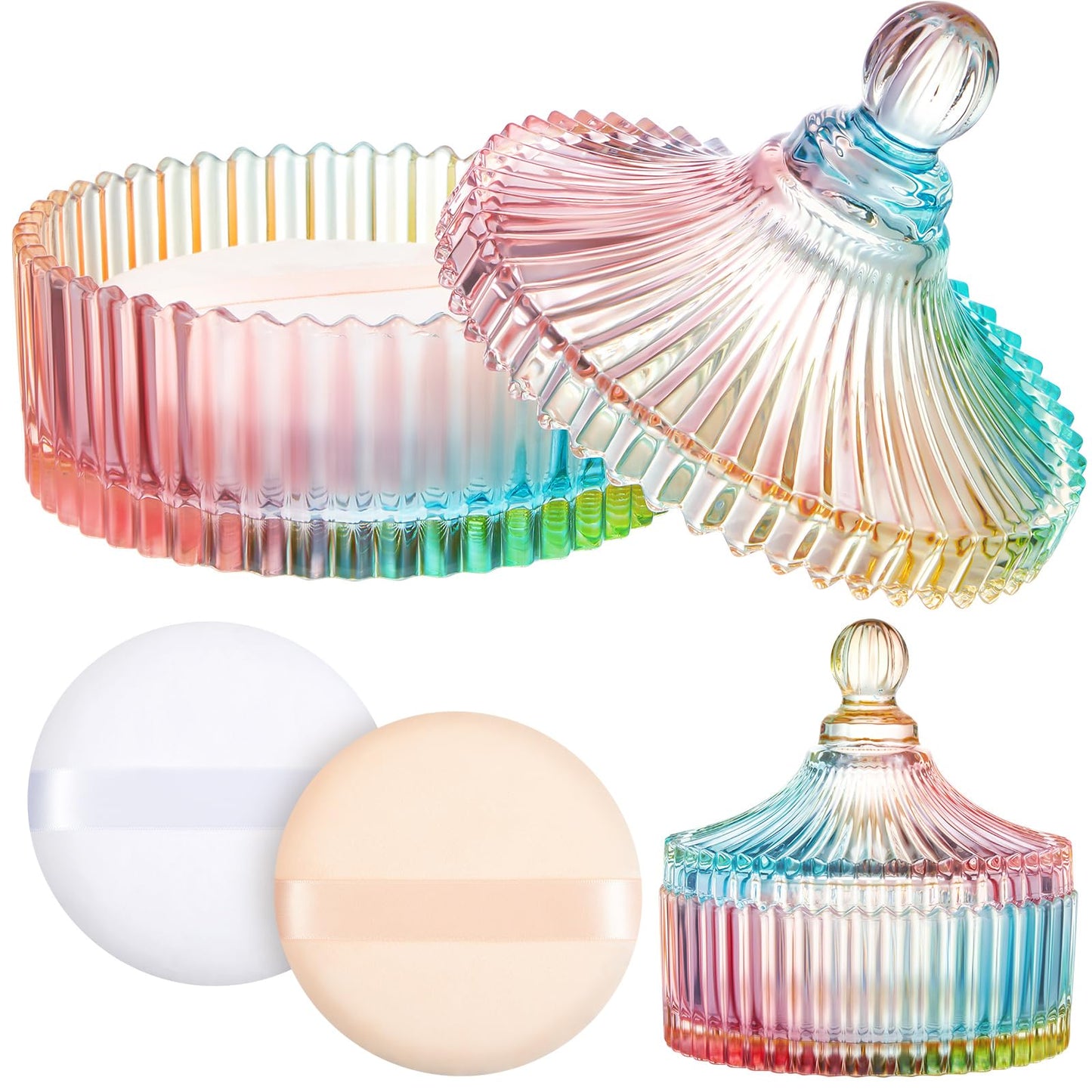 Tioncy 3 Pcs Extra Large Body Powder Puff and Container 5.43'' Glass Body Container with 5.12'' Powder Puff Glass Jar for Women's Talcum(Classic,Coloured Glaze)
