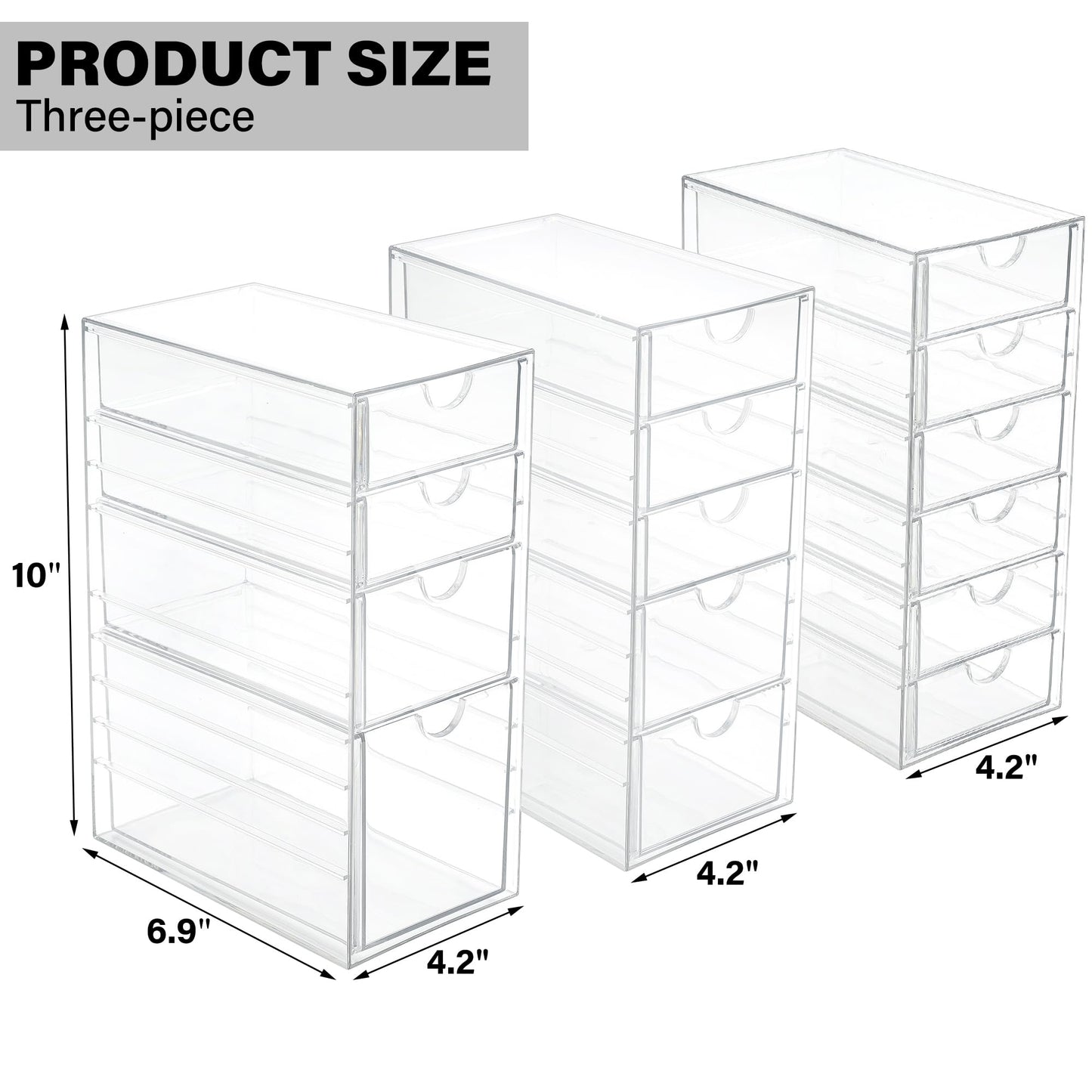 Prsildan Acrylic Drawer Organizer with 15 Drawers, Makeup Craft Office Desk Organizers Accessories, Set of 3 Clear Stackable Storage Drawers for Vanity, Countertop, Jewelry, Art Supply Organization