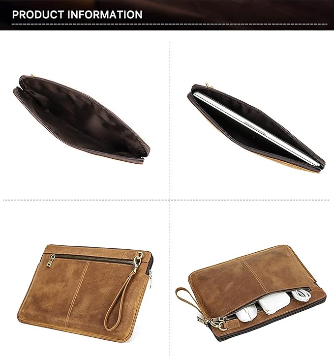 Top Grain Leather 13.3" Slim Laptop Sleeve Bag, Vintage Design with 2 Zip Pockets, Fully Handmade, Compatible with MacBook Pro 13.3" MacBook Air 2022 DELL XPS 13" & other PC, Brown 13.3 Inch