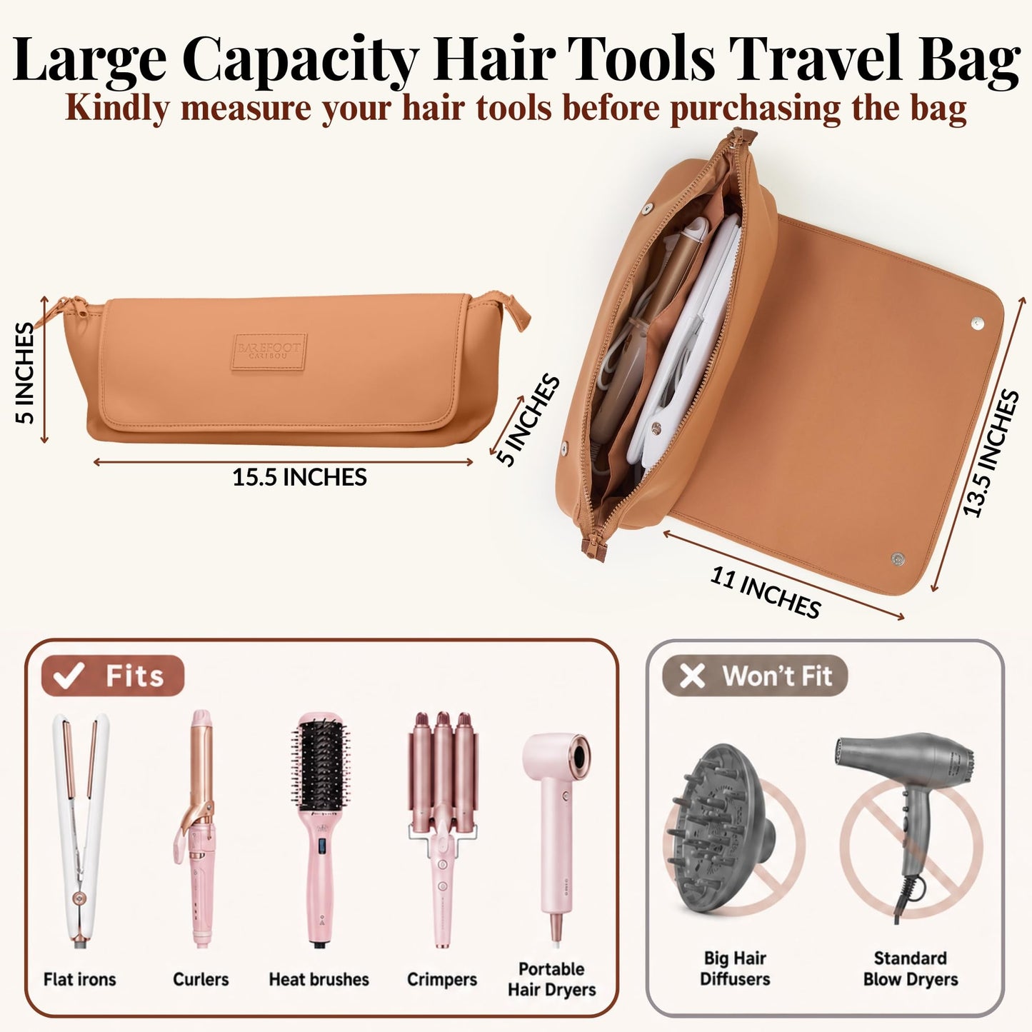BAREFOOT CARIBOU Hair Tools Travel Bag and Heat Resistant Mat (15.5") for Flat Irons, Straighteners, Curling Iron, Haircare Accessories, 2-in-1 design, Interior Pockets, Portable Organizer (Brown)