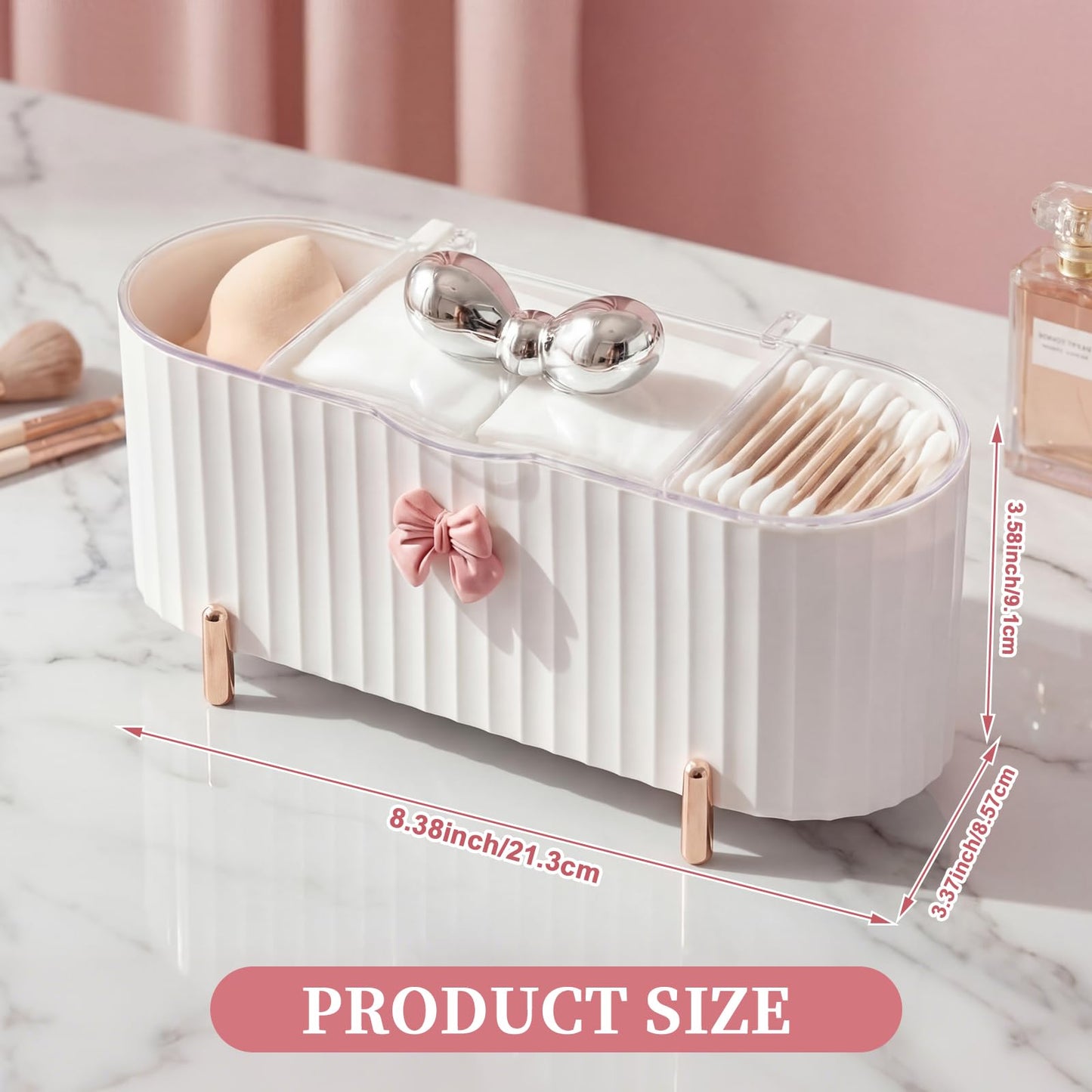 Hushee Coquette Makeup Organizer, 3 Compartment Cotton Pad Holder Dispenser Compatible with Qtip with Bow Cute Ribbed Vanity Storage Box with Clear Lid and Silver Handle for Bathroom Countertop