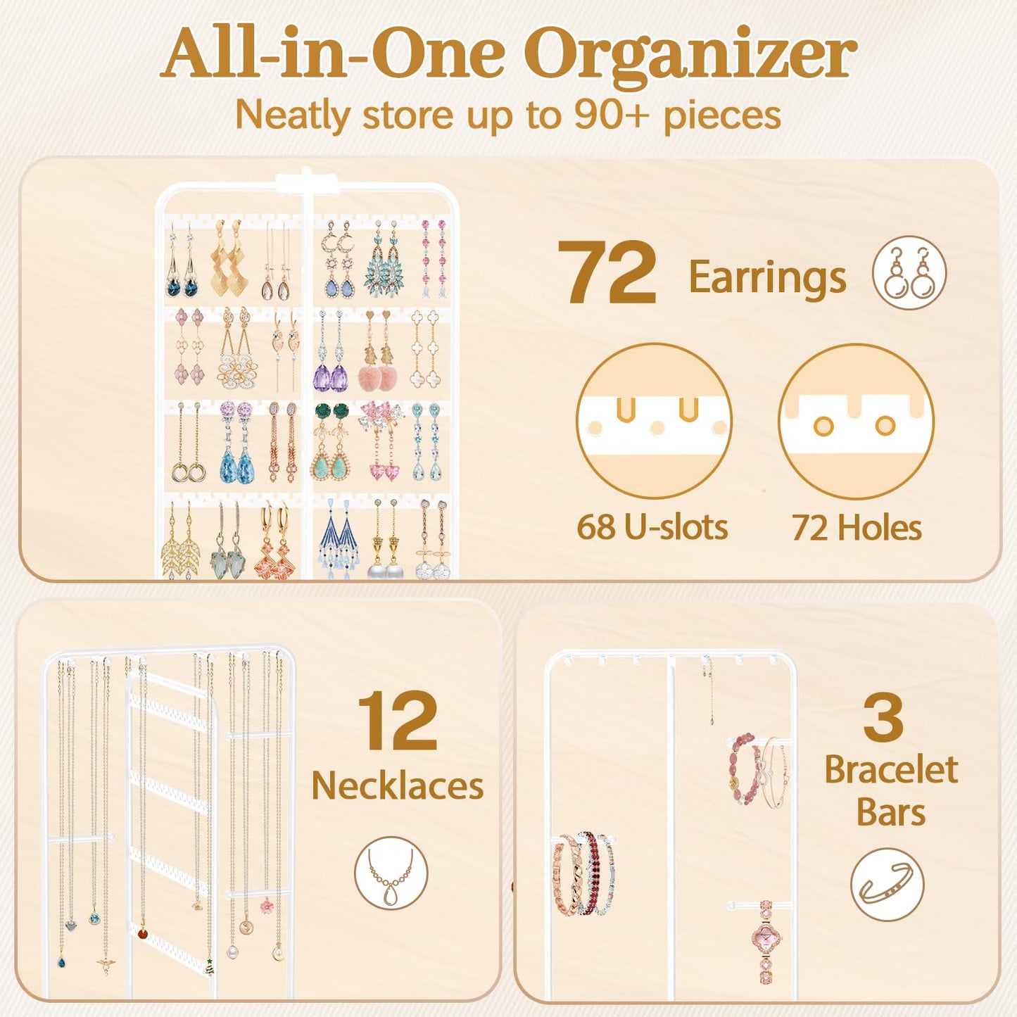 MODOWEY Earring Necklace Holder Organizer Jewelry Stand, Wood Rotating Display Tree for Vendor Selling, Tiered Tower Rack for Pierced Stud Bracelet 90+ Pieces Storage, Easy Access for Women, White