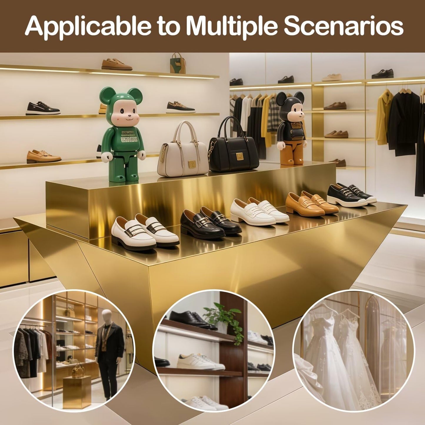 HHEvergreenEnsemble Display Table with Gold Trapezoidal Base,Luxurious Bag Display Stand Includes Double-Layer Storage Design for Retail Stores,Shopping Mall,78.74IN