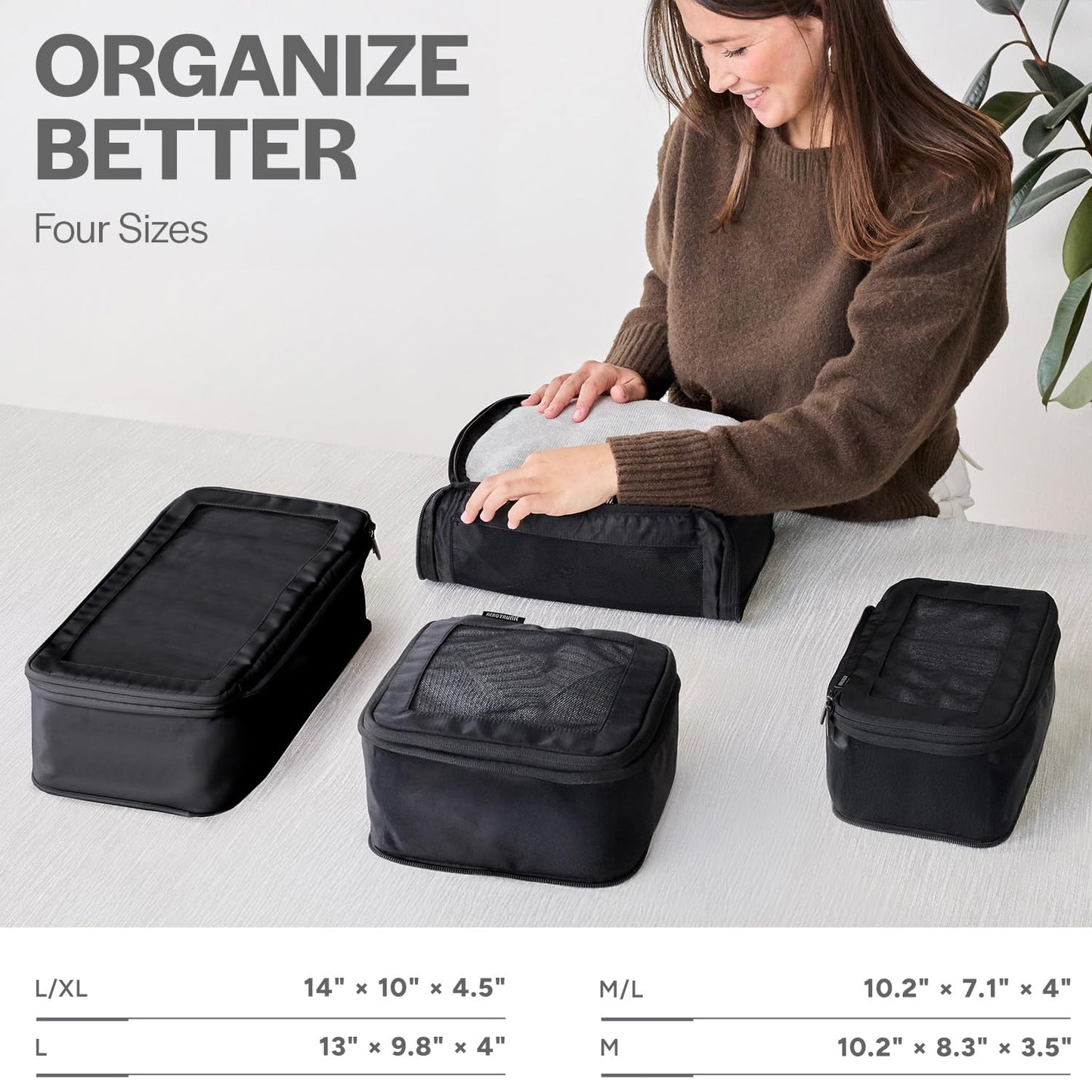 Aerotrunk Compression Packing Cubes for Travel - Luggage Organizer Bags - Double Zipper Packing Cubes for Suitcases (4-Pack, Black)