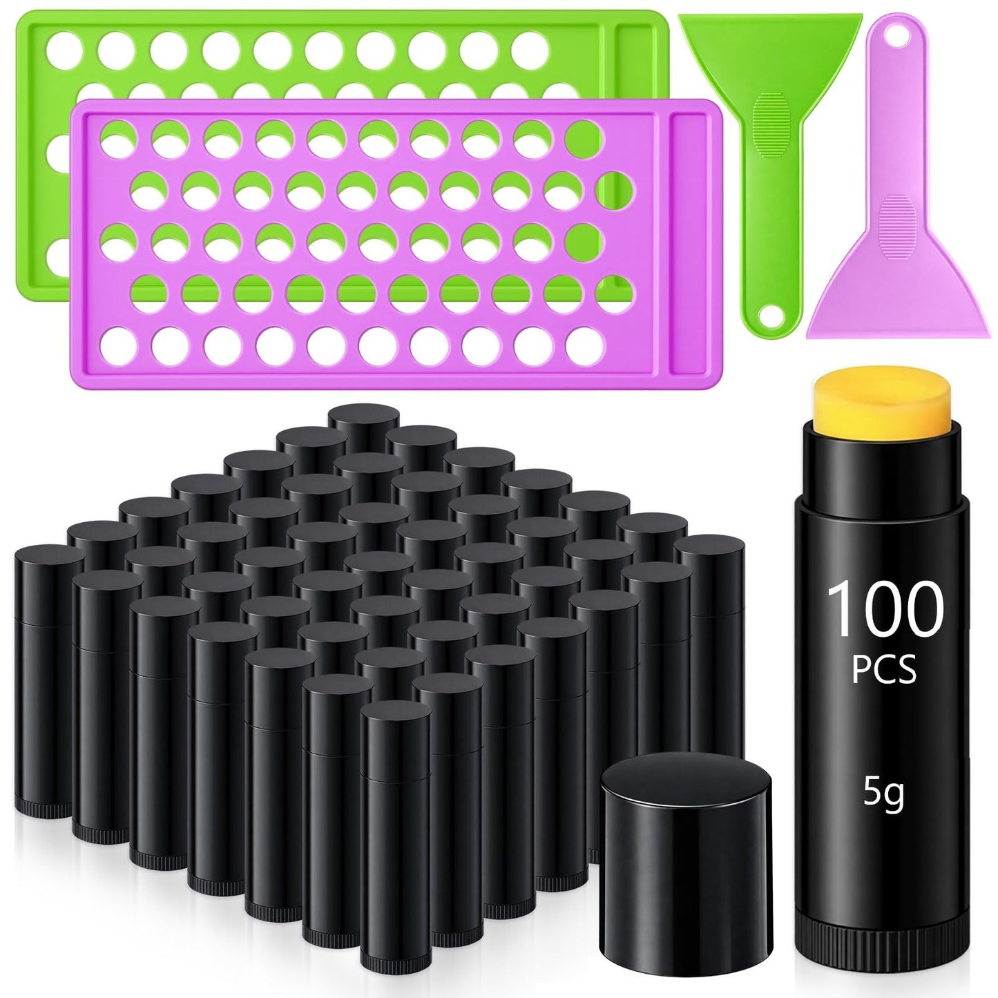 Singhoow 100 Pcs Lip Balm Tubes with 2 Filling Tray and 2 Spatula, 5 g Twist-up Lip Balm Containers with Caps for DIY Homemade Lipsticks, Solid Perfume, Gifts, Bpa Free & Leak Free (Black)