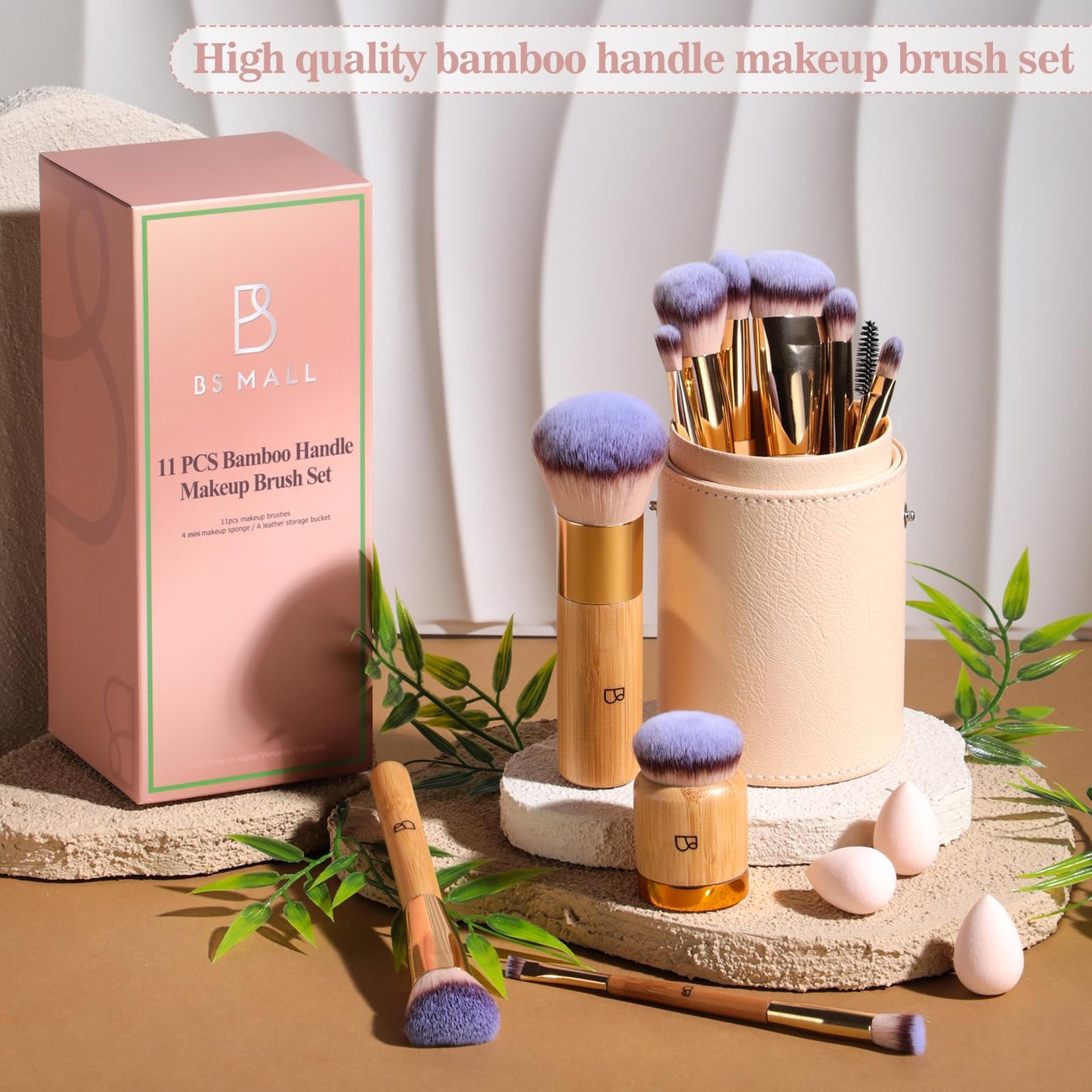 BS-MALL Makeup Brush Set 11Pcs Bamboo Synthetic Kabuki Brush Set Foundation Powder Blending Concealer Eye shadows Blush Cosmetics Brushes with Organizer Holder& 4 Mini Makeup Sponge