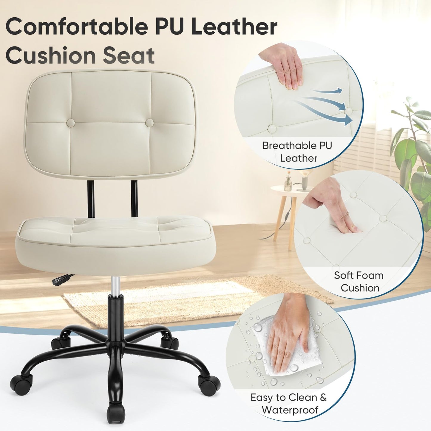 DUMOS Home Office Desk Chair - Ergonomic Armless PU Leather Computer Rolling Task Chair，with Comfy Lumbar Support and Height Adjustable, Vanity, Bedroom, Living Room, Beige