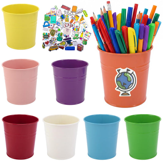 letesult 8 Pcs Colorful Metal Pen Holder, Desktop Pencil Cups with School Theme Sticker, Mini Pencil Bucket Makeup Brush Storage Organizer, Crayon Organizer for Classroom Office Home Stationery Supply