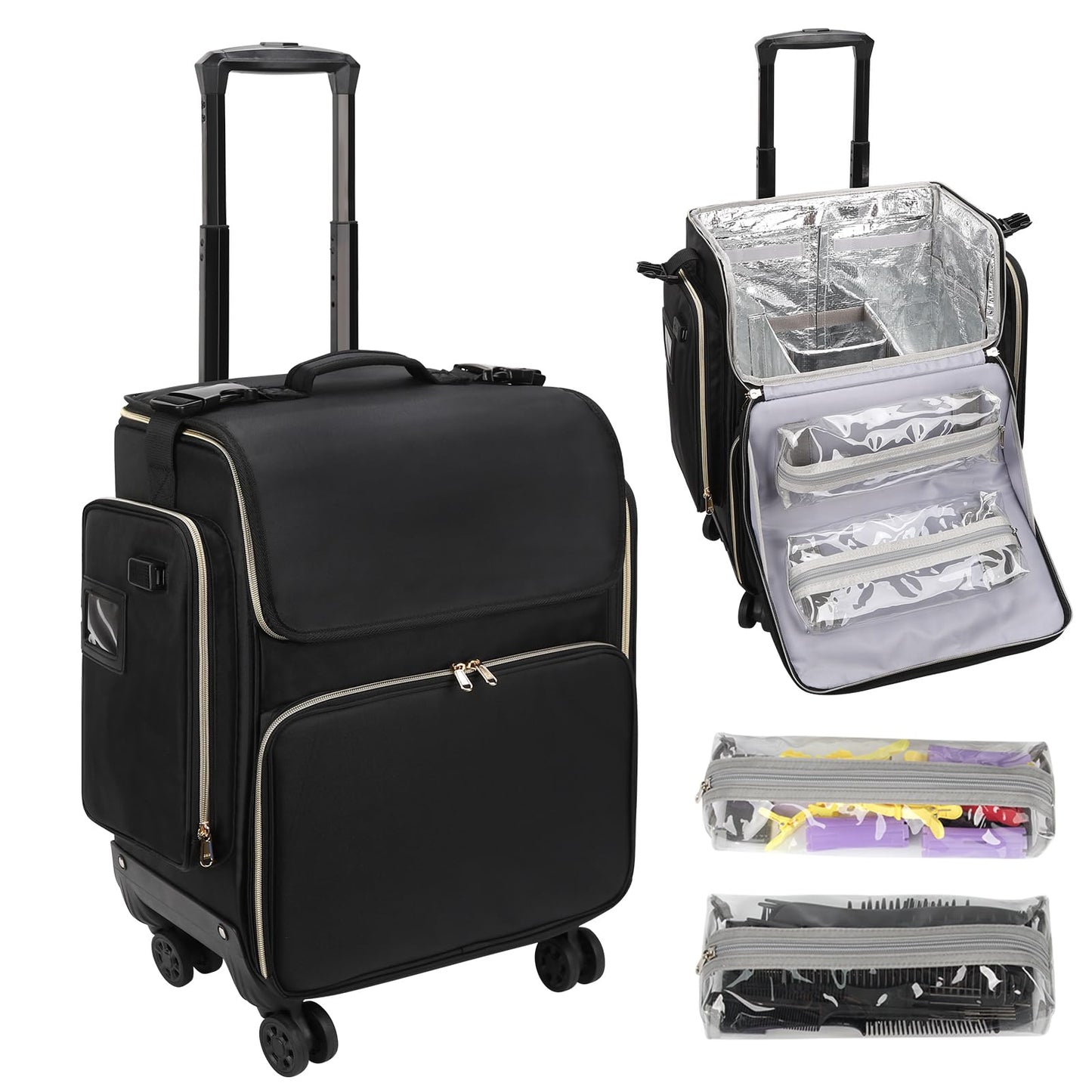 Large Makeup Train Case for Hairstylists & Hairdressers - Cosmetic Organizer with Detachable Pouch, Heat-Insulated & Anti-Scald Full Layer, Hairdressing Tool Storage Trolley with 4 360 Swivel Wheels