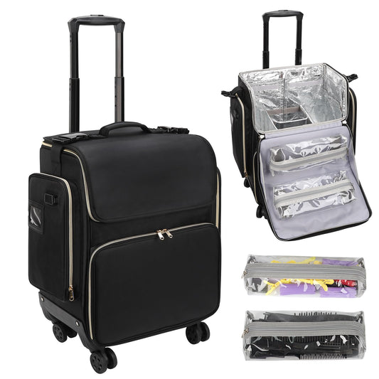 Large Makeup Train Case for Hairstylists & Hairdressers - Cosmetic Organizer with Detachable Pouch, Heat-Insulated & Anti-Scald Full Layer, Hairdressing Tool Storage Trolley with 4 360 Swivel Wheels