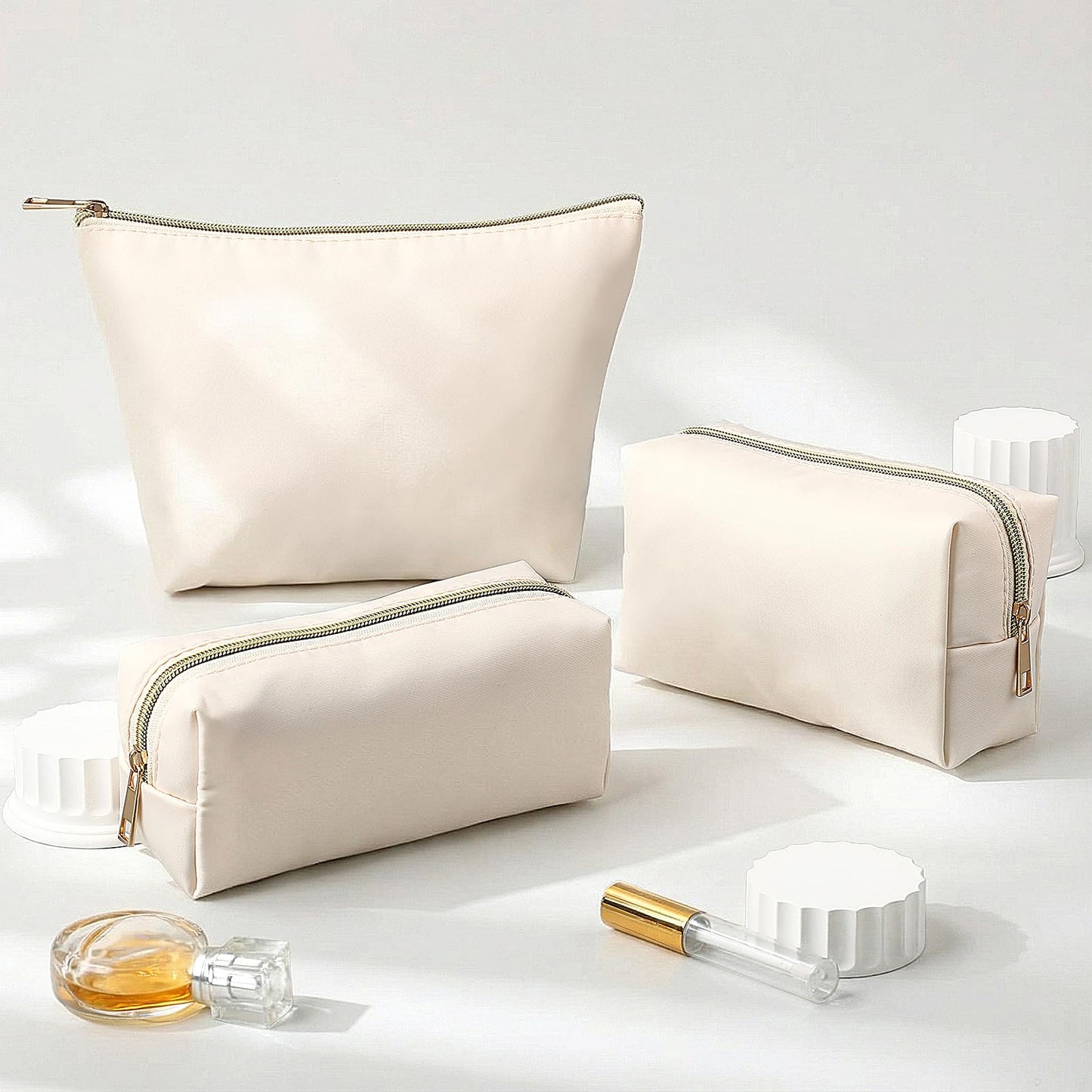 Kigeli 3 Pcs Nylon Makeup Bag Set for Women Aesthetic Cosmetic Bag with Interior Pocketes Preppy Cute Purse Pouch Makeup Brushes Storage Organizer for Travel(Beige)