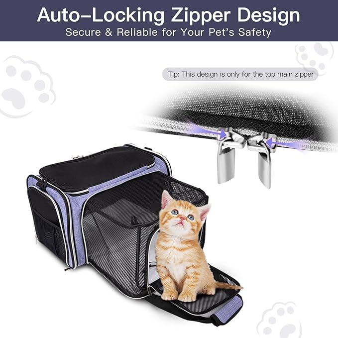 BAGLHER Expandable Cat Carrier with Travel Litter Box, Pet Travel 5 Sides Open Doors 3 Sides, Leak-Proof and Collapsible, for Car, Airplane Trip, Purple