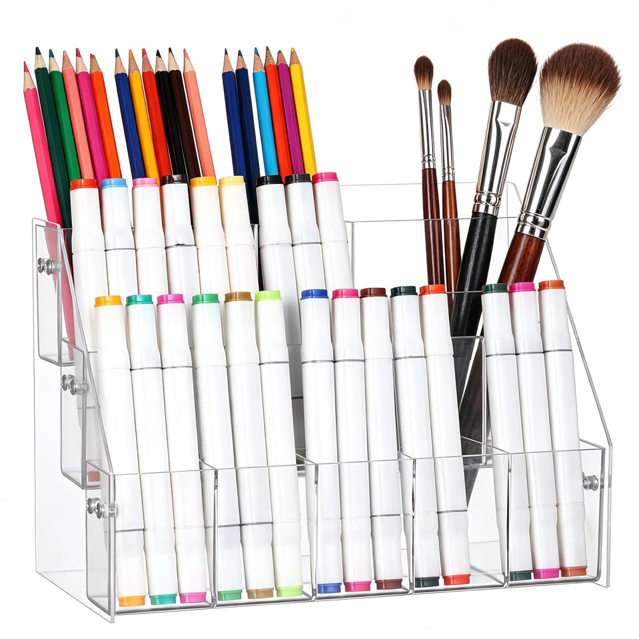 STOBAZA Pen Holder Display Stand 3-Tier Acrylic Marker Organizer with 15 Slots Clear Pencil and Art Supply Storage for Office Desk and School 10.43 X 7.28 X 5.51 Inches