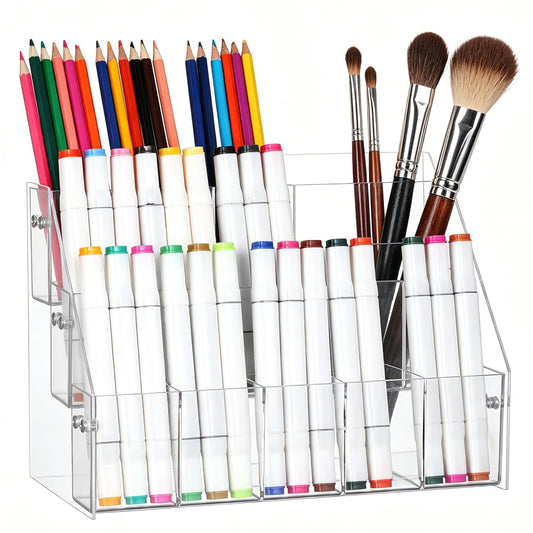 STOBAZA Pen Holder Display Stand 3-Tier Acrylic Marker Organizer with 15 Slots Clear Pencil and Art Supply Storage for Office Desk and School 10.43 X 7.28 X 5.51 Inches