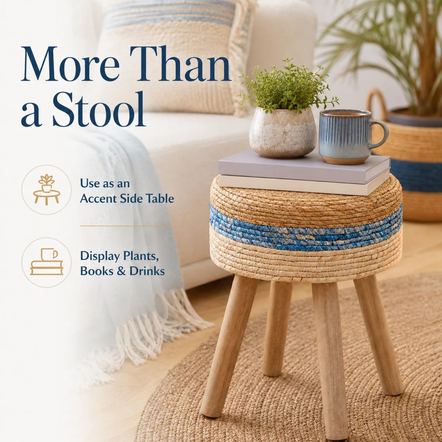 Wimarsbon Pouf Ottoman, Round Footstool with 4 Wood Leg, Handmade Bohomia Natural Outdoor Footrest, Rustic Dressing Stool, Accent Vanity Chair (High Blue)