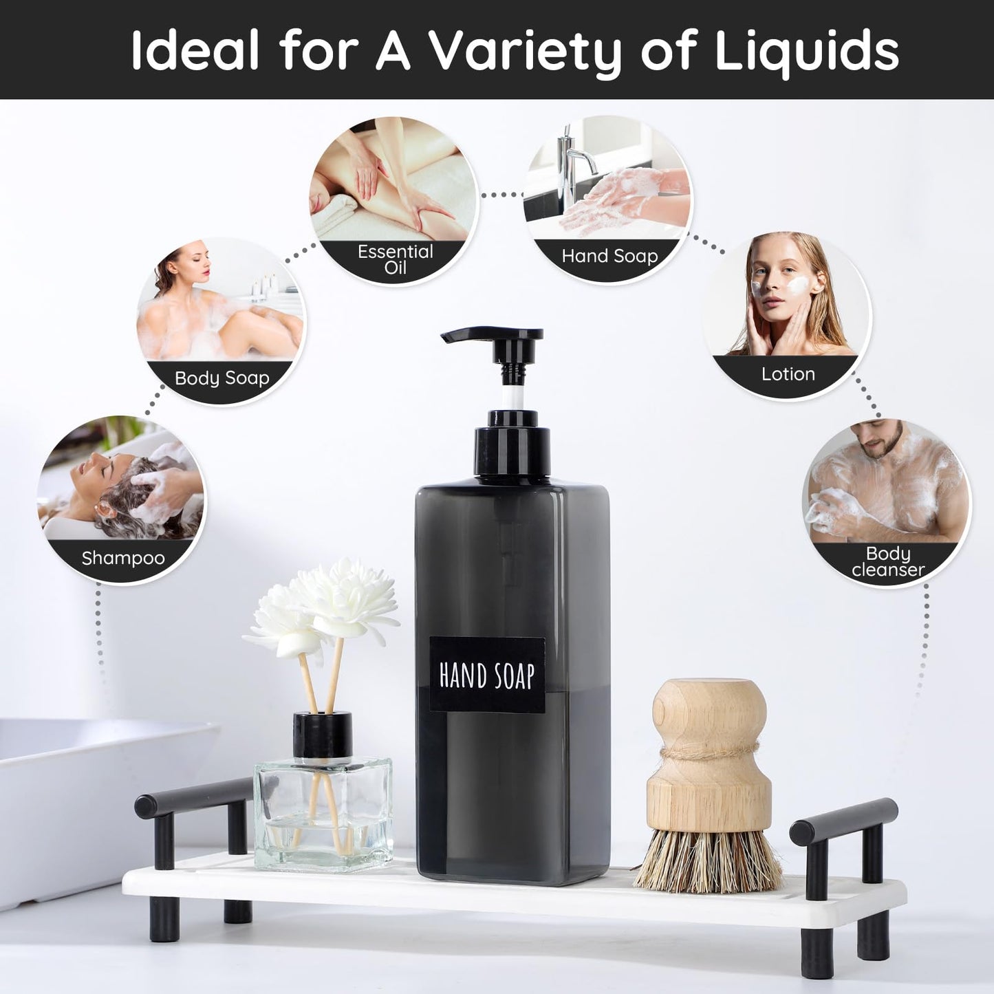 Segbeauty 16.9oz Shampoo Container, 3pcs Pump Press Dispenser with Labels, 500ml Empty Plastic Refillable Lotion Body Soap Liquid Kitchen Soap Dispensers, Gray Bathroom Shower Containers for Women
