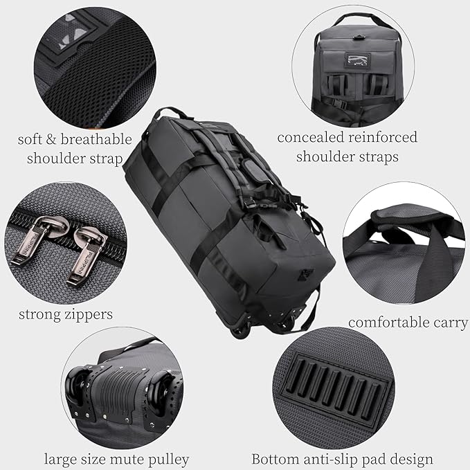 Rolling Duffle Bag with Wheels, 92L 34” Folding Duffle Backpack Soft-Sided with 2 Wheels, 6-way Carry-On Large Travel Bag Men/Women Multiple Pockets for Long Trip, Black