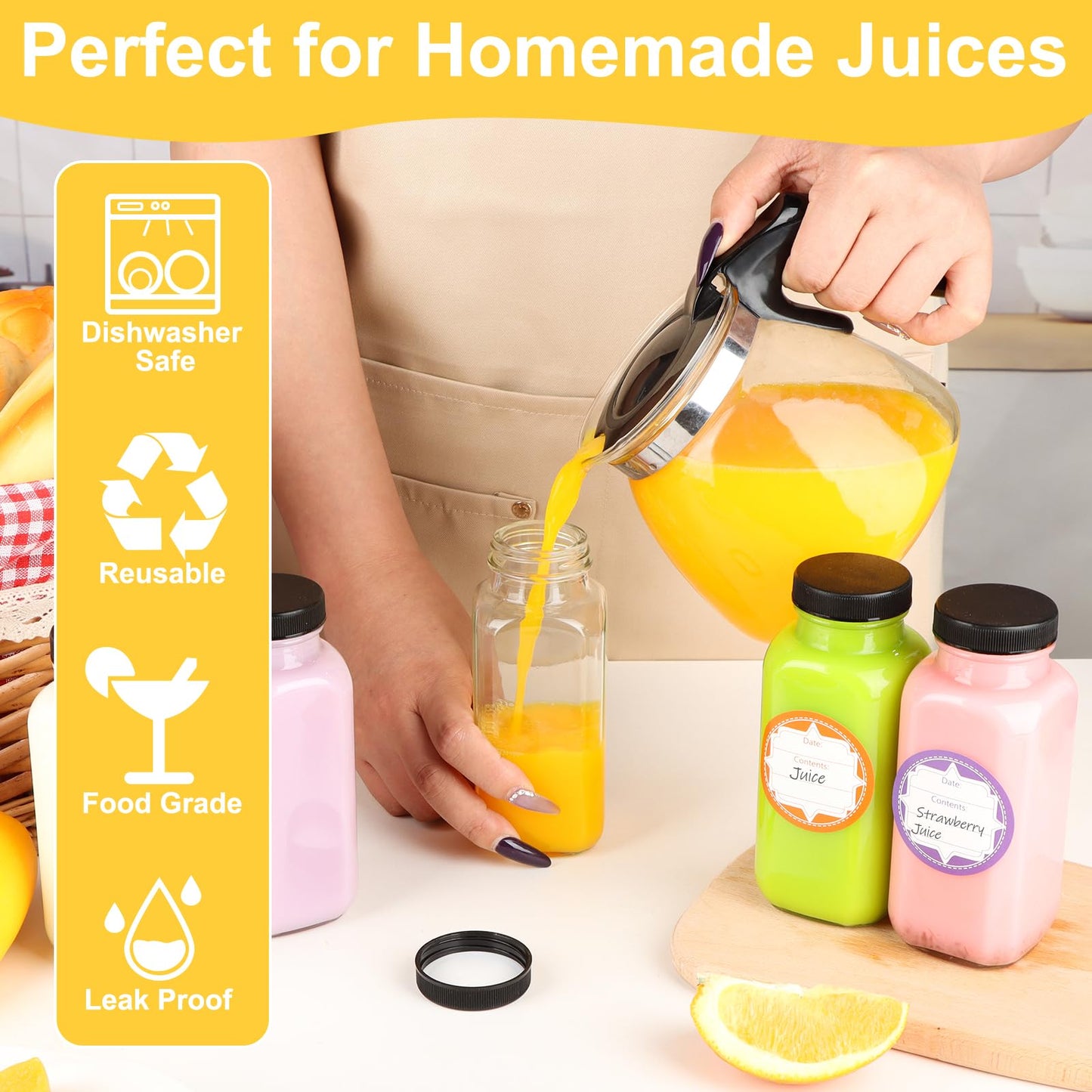 GUANENA 6 Pack Glass Drink Bottles, 8.5 OZ Vintage Square Water Bottles with Lids, Juice Bottles Beverages Containers for Milk, Kombucha, Smoothies