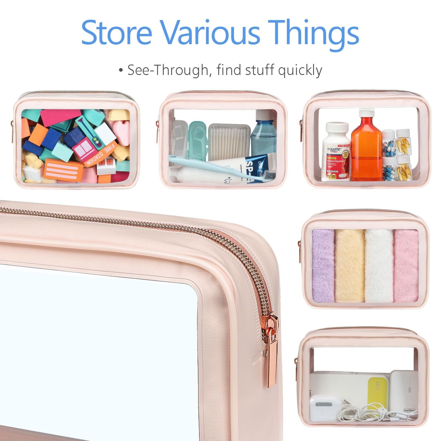 PACKISM Clear Makeup Bag 3 Pack Medium - Foldable TSA Approved Toiletry Bag Quart Size for Travel Bottles, Water Resistant Multipurpose Car Storage Organizer with Reinforced Seams, Pink