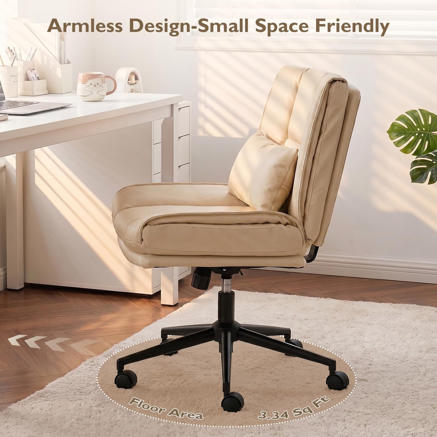 BIAOZHIKE Armless Criss Cross Office Chair with Wheels,PU Leather Beige