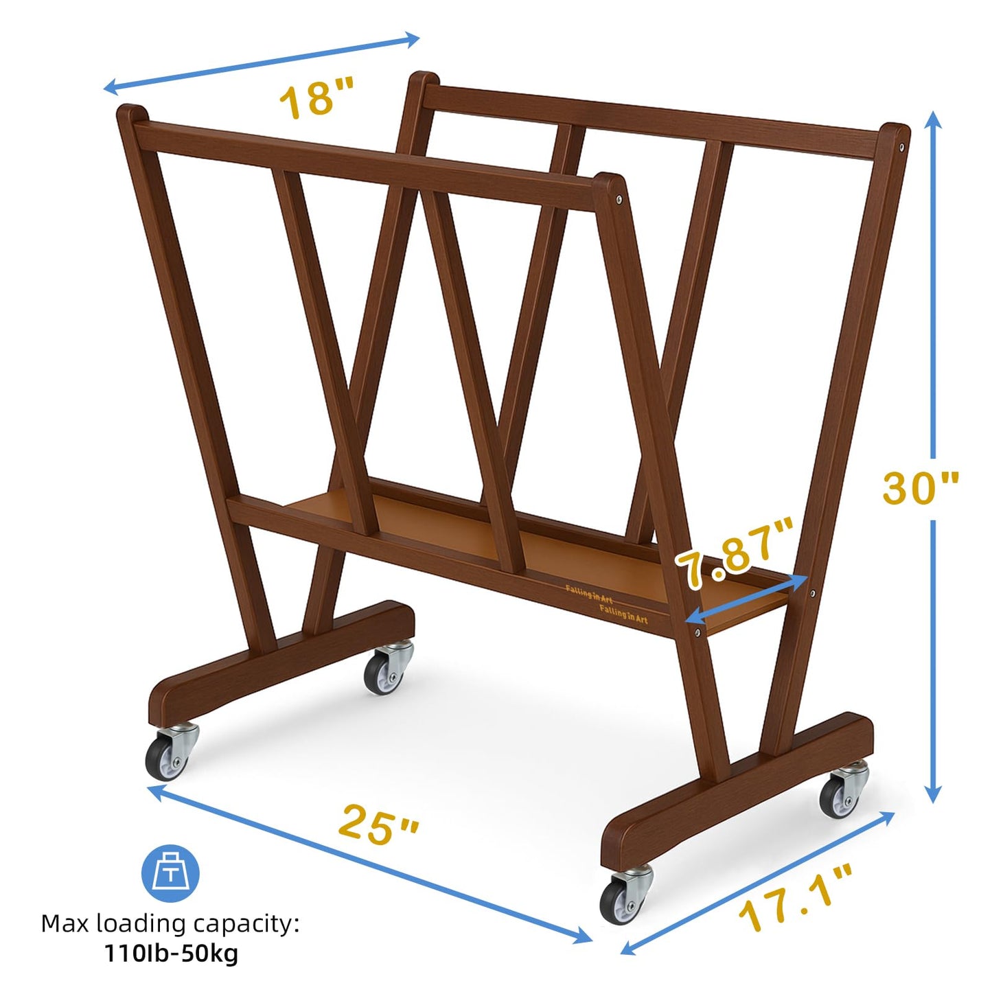 Falling in Art Large Wooden Print Rack, Art Drying and Display Rack with Rolling Casters, Storage Rack for Canvas, Prints, Panels, Posters, Shows and Art Exhibitions, Brown
