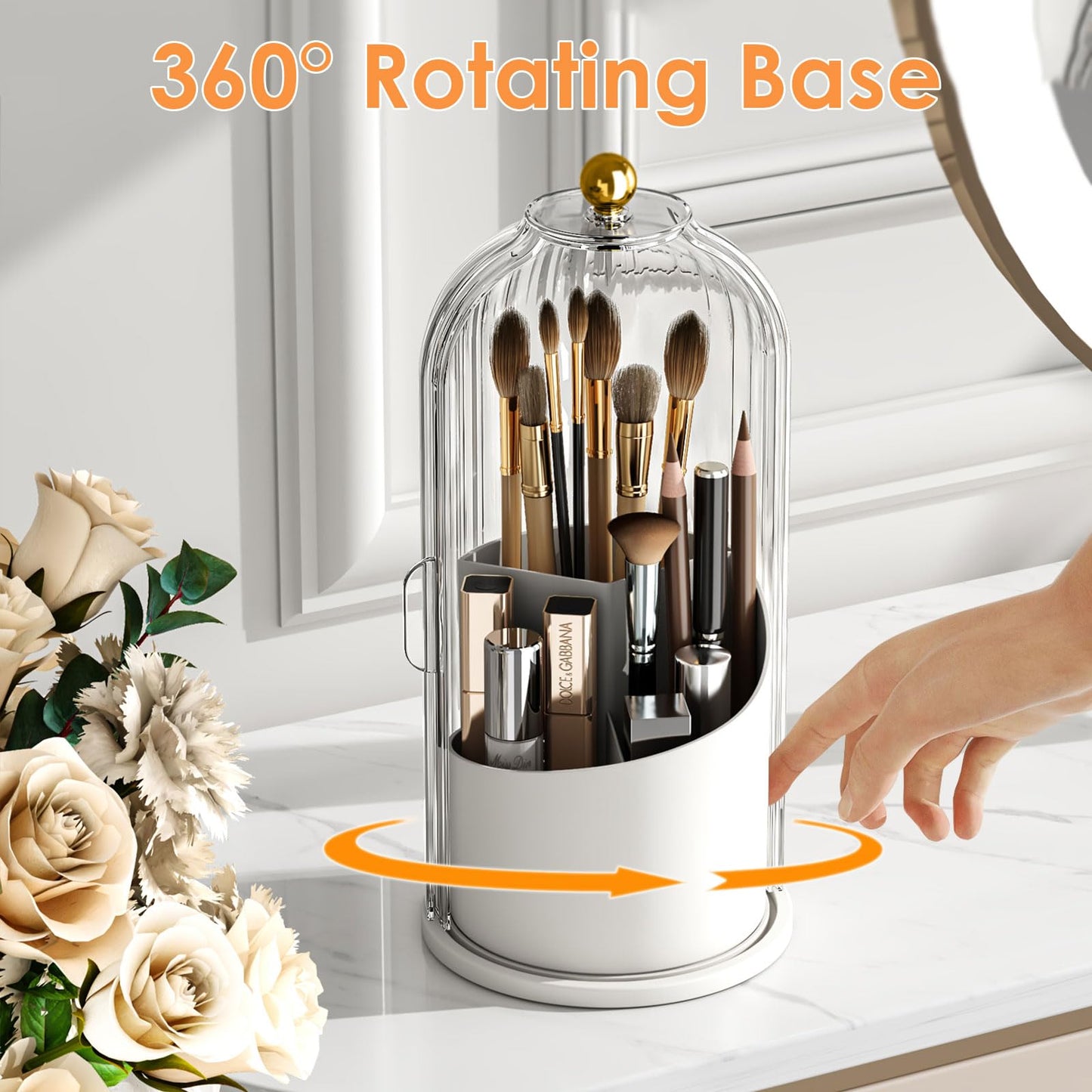 YOOLENS Makeup Brush Holder with Lid 360 Rotating Clear Dustproof Make Up Organizers for Vanity Bathroom Countertop, Transparent
