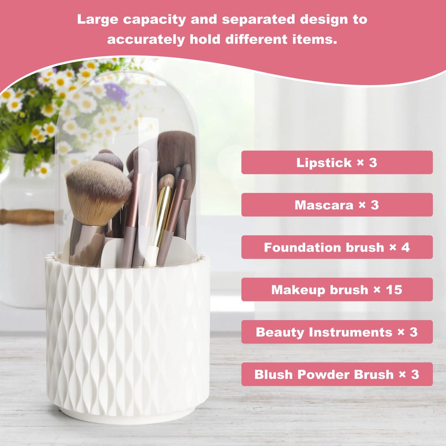 HSSPANFN Makeup Brush Holder Organizer with Lid -360° Rotating Dustproof Make Up Brushes Container with Clear Acrylic Cover, Spinning Cosmetics Holders Storage Cup with 5 Compartment