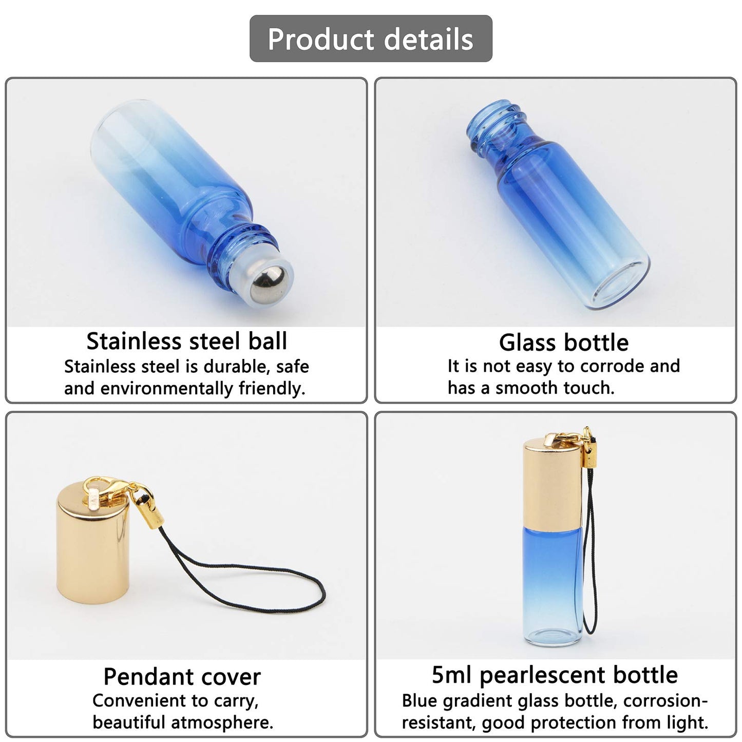 Kesell 5ml Essential Oil Roller Bottles - 15 Pack Gradient blue Colored Perfume Glass Roll On Bottles Sample Vials with Stainless Steel Roller Balls, Essential Oil Opener and Funnels Included