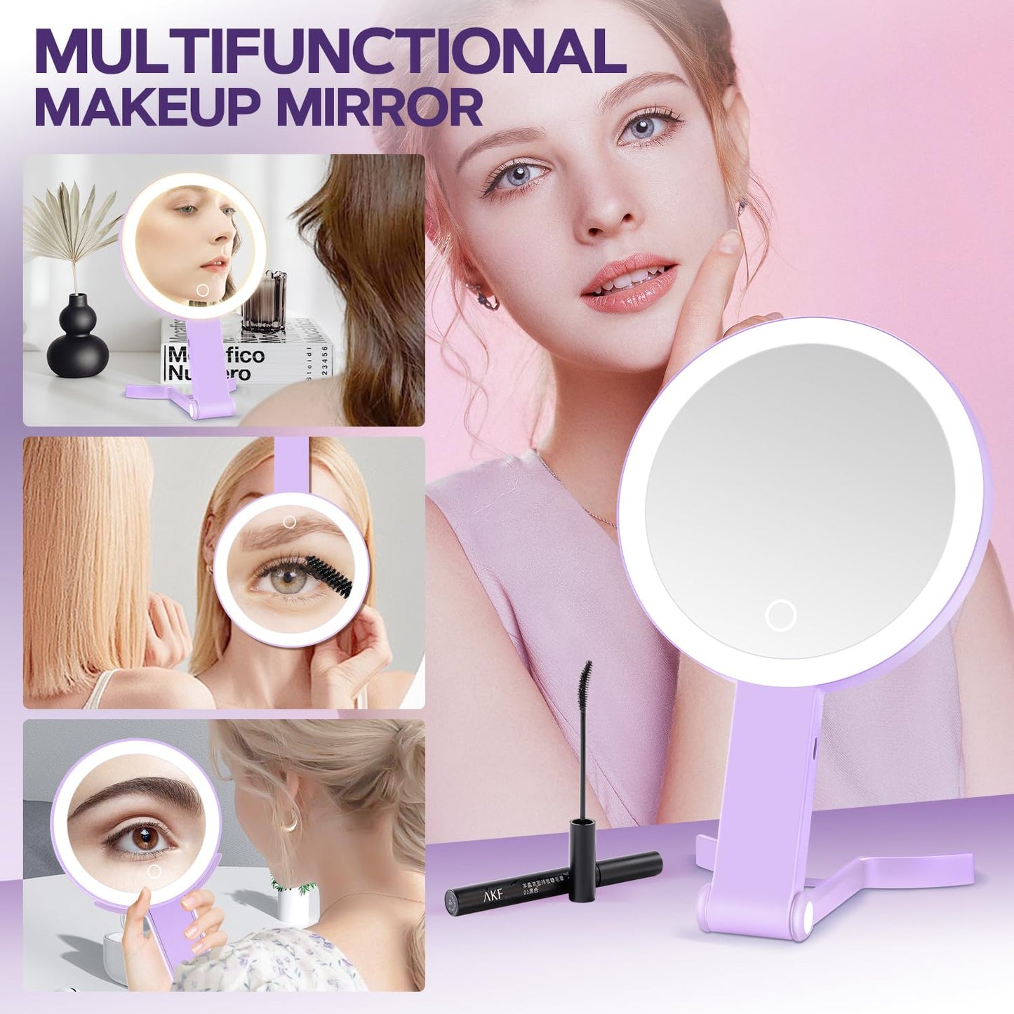 MIYADIVA Lighted Makeup Mirror, 30X Magnifying Mirror with Light, Hanging and Handheld Mirror with Handle, Purple