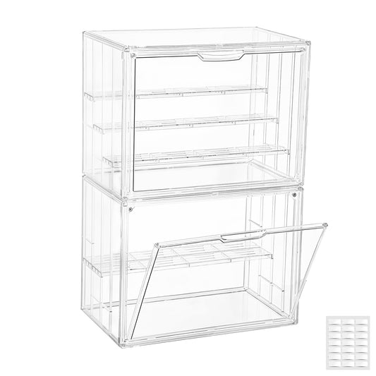Attelite Acrylic Display Case,Upgrade 4 Tiers Clear Display Case with 3 Adjustable Divider, 2 Pack Stackable Large Storage Box with Magnetic Door for Collectibles Action Figures