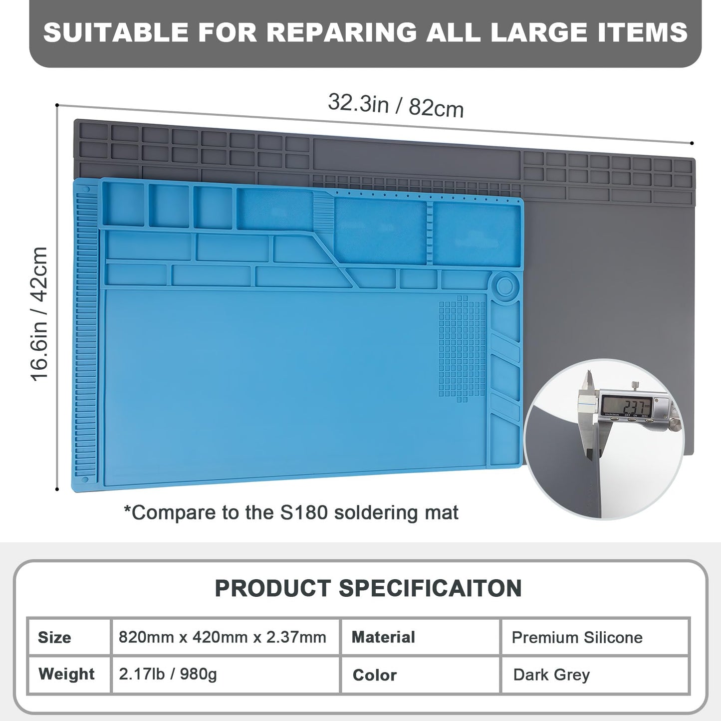 Extra Large Soldering Mat, 32.3’’x16.6’’ Large Silicone Solder Mat, 932℉ Heat Resistant Mat, Large Repair Workbench Pad for Board Circuit, Phone Watch Laptop Repair, Engineering Projects (Dark Grey)